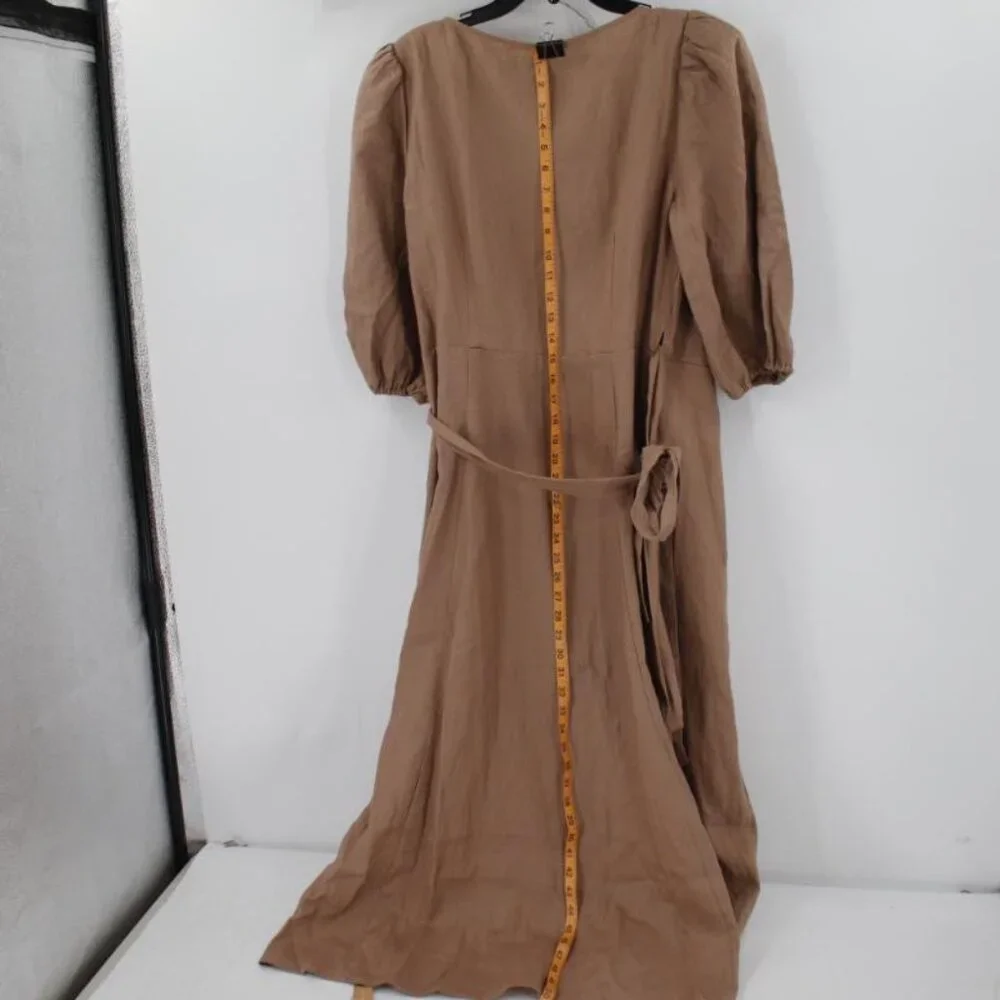 NEW Reformation Anna wrap Dress Women's XL Clay Brown Linen Puff Sleeves Midi - Picture 11 of 15